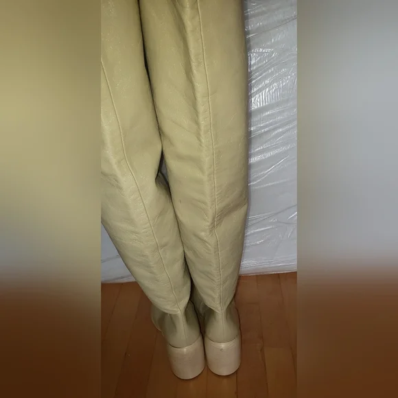 Jil Sander Cream 100% lambskin leather thigh high round toe block heel boots 10 - Picture 5 of 16